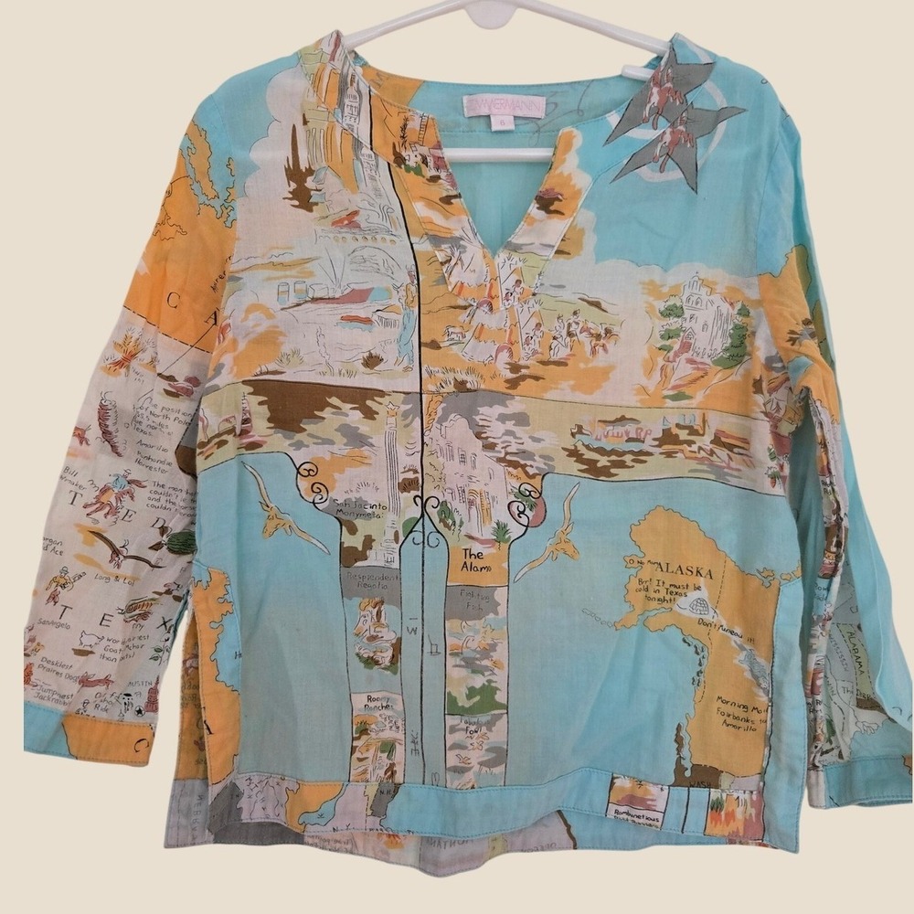 Zimmermann‎ Kids Map Print Cotton Long Sleeve Top Blue Orange Size 6